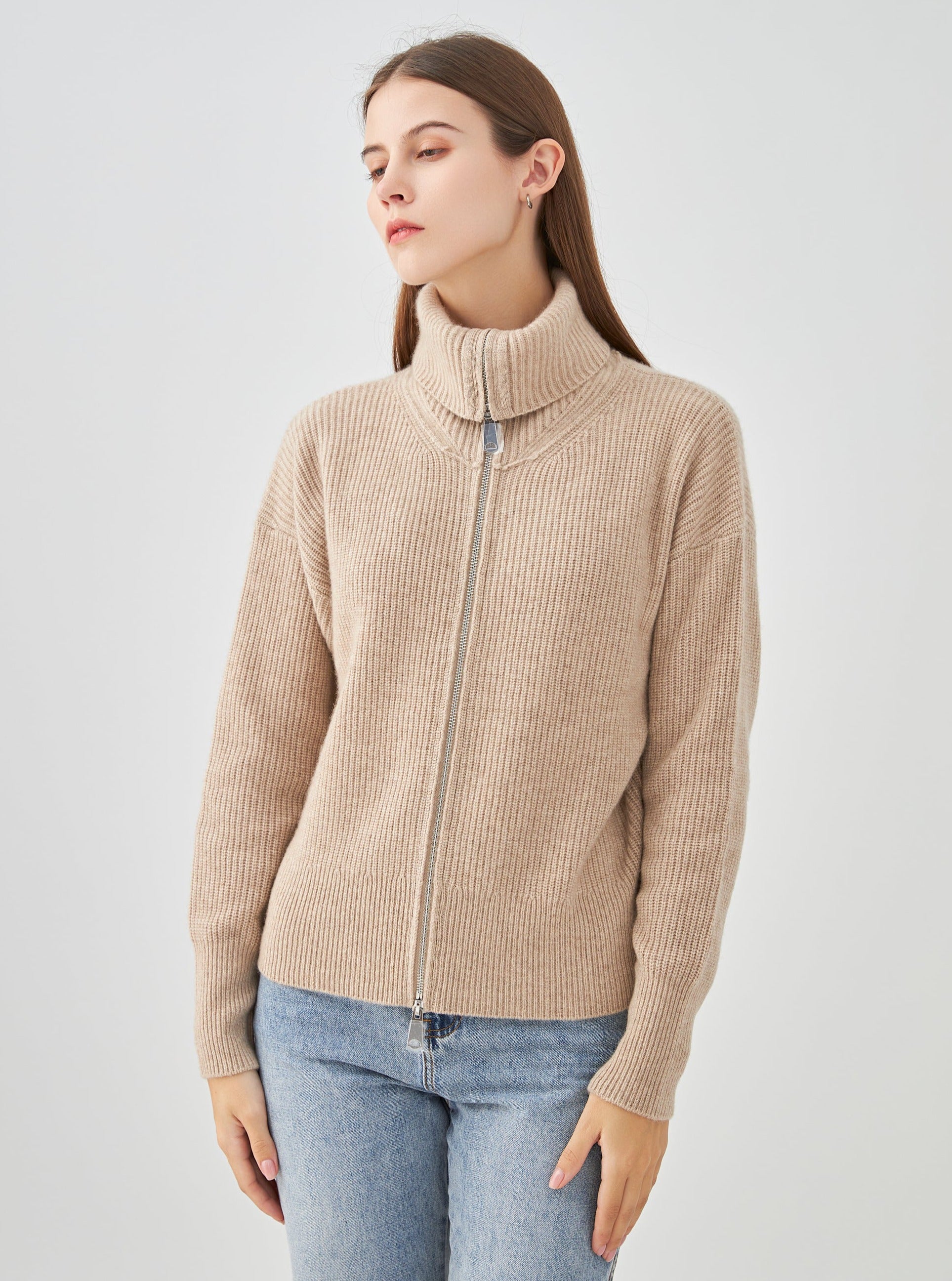 Gilet col montant zippé en cachemire 4 fils