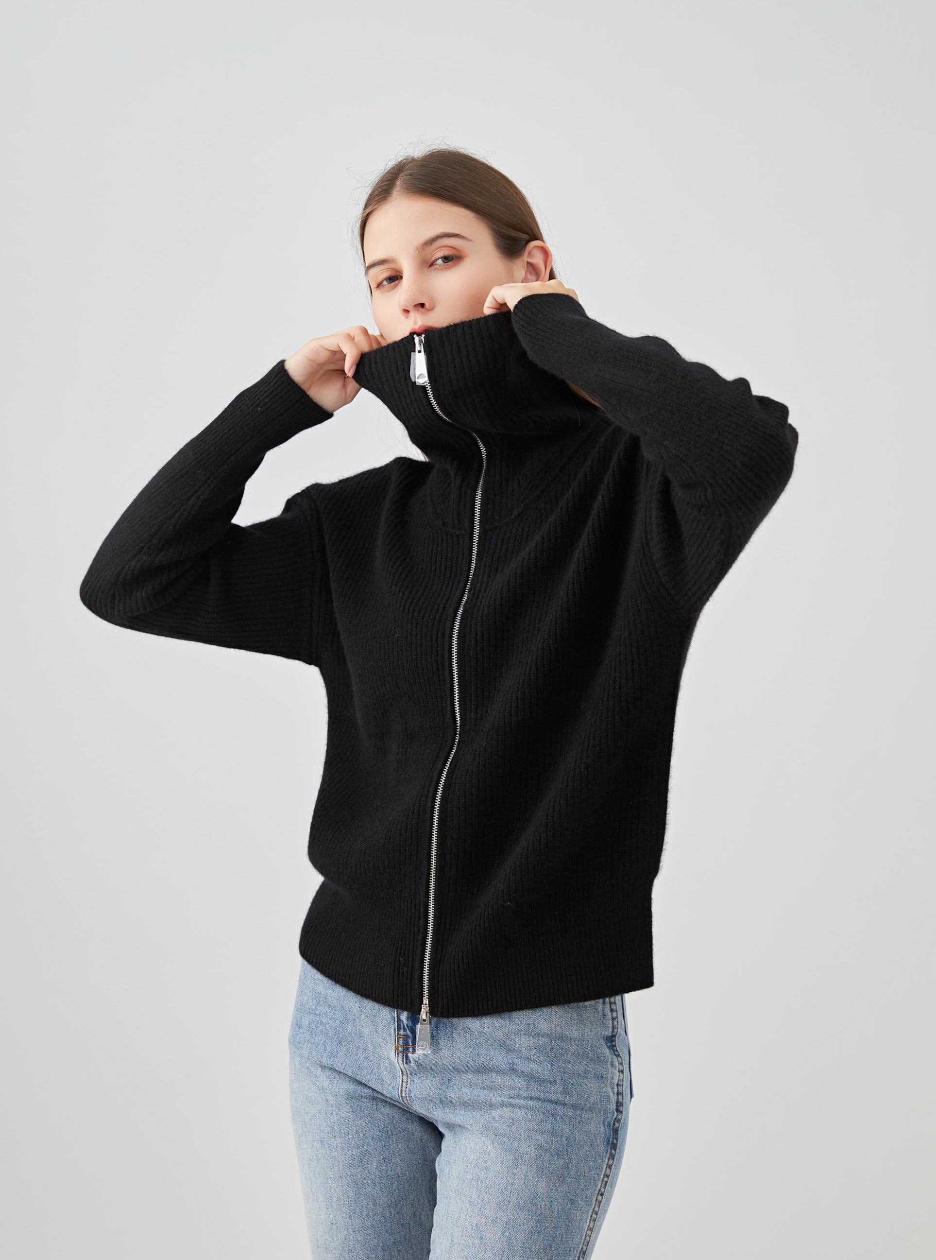 Gilet col montant zippé en cachemire 4 fils