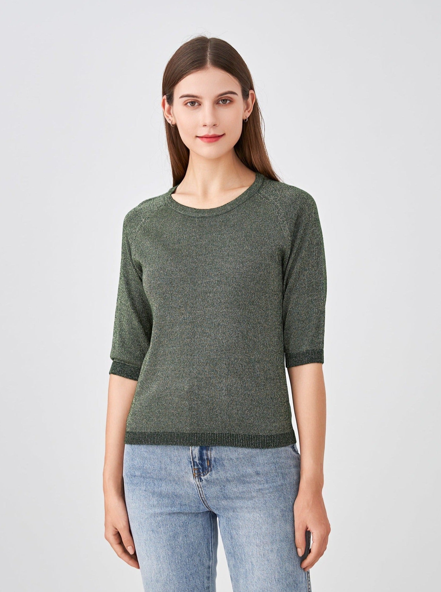 Pull col encolure ronde lurex, manches raglan aux coudes