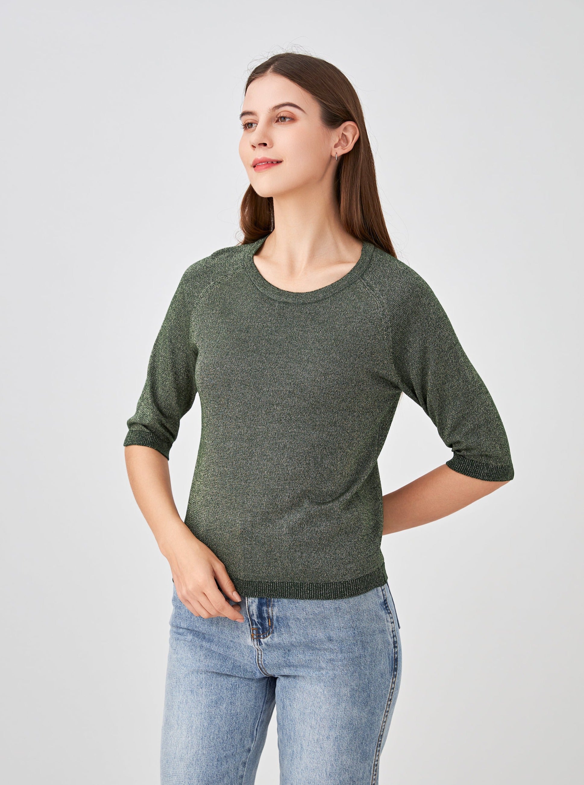 Pull col encolure ronde lurex, manches raglan aux coudes
