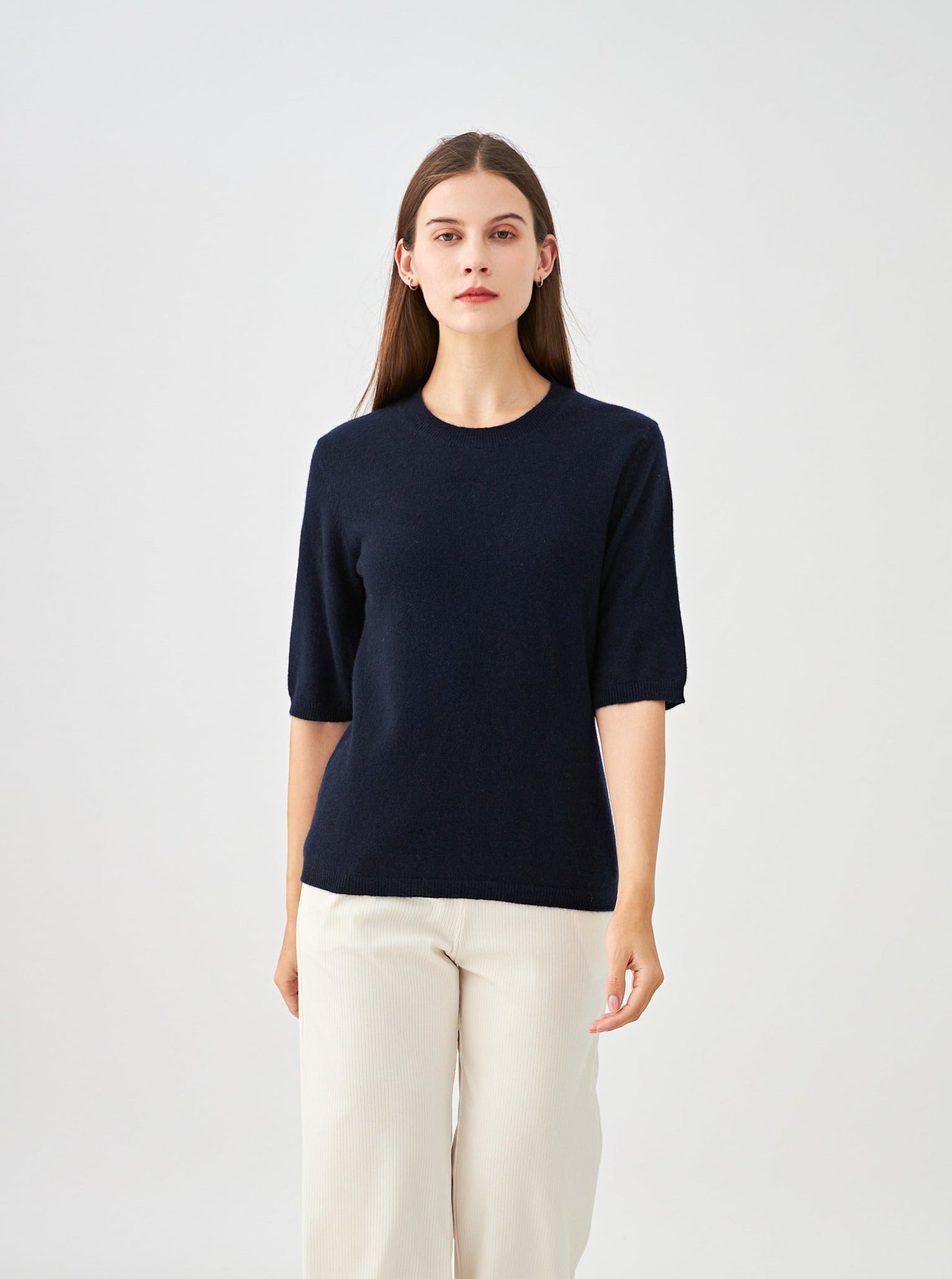Pull col rond manches aux coudes en cachemire
