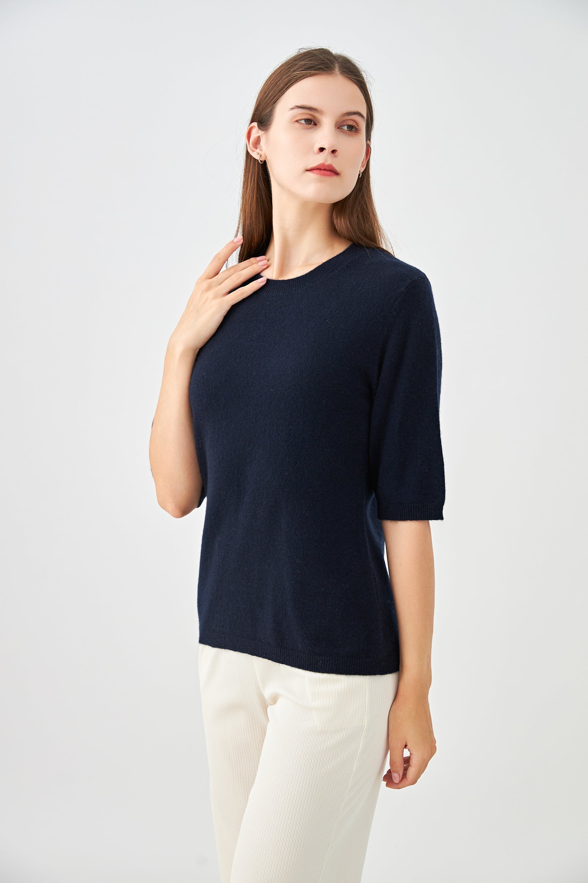 Pull col rond manches aux coudes en cachemire