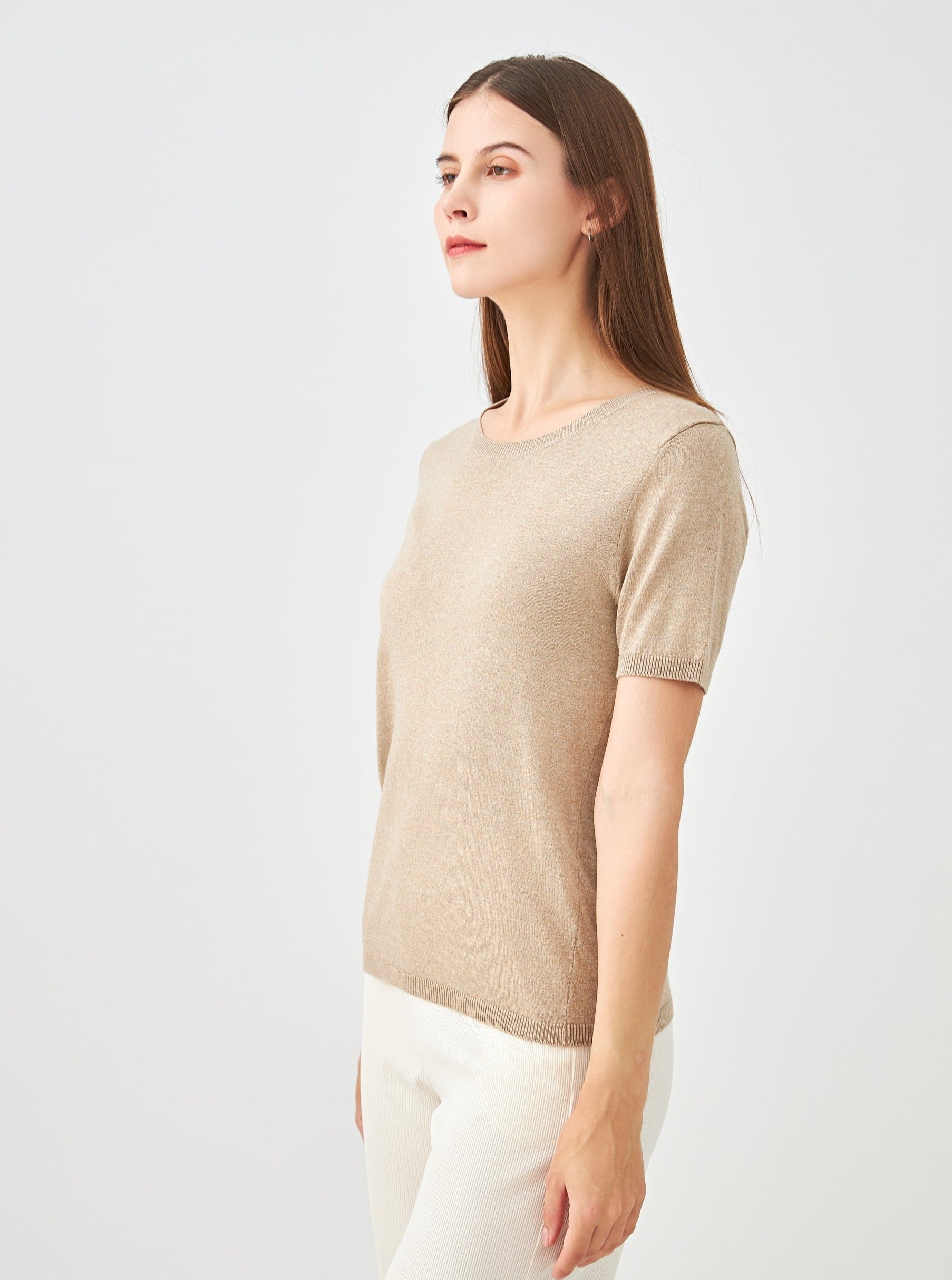 Pull col rond manches courtes en soie et cachemire