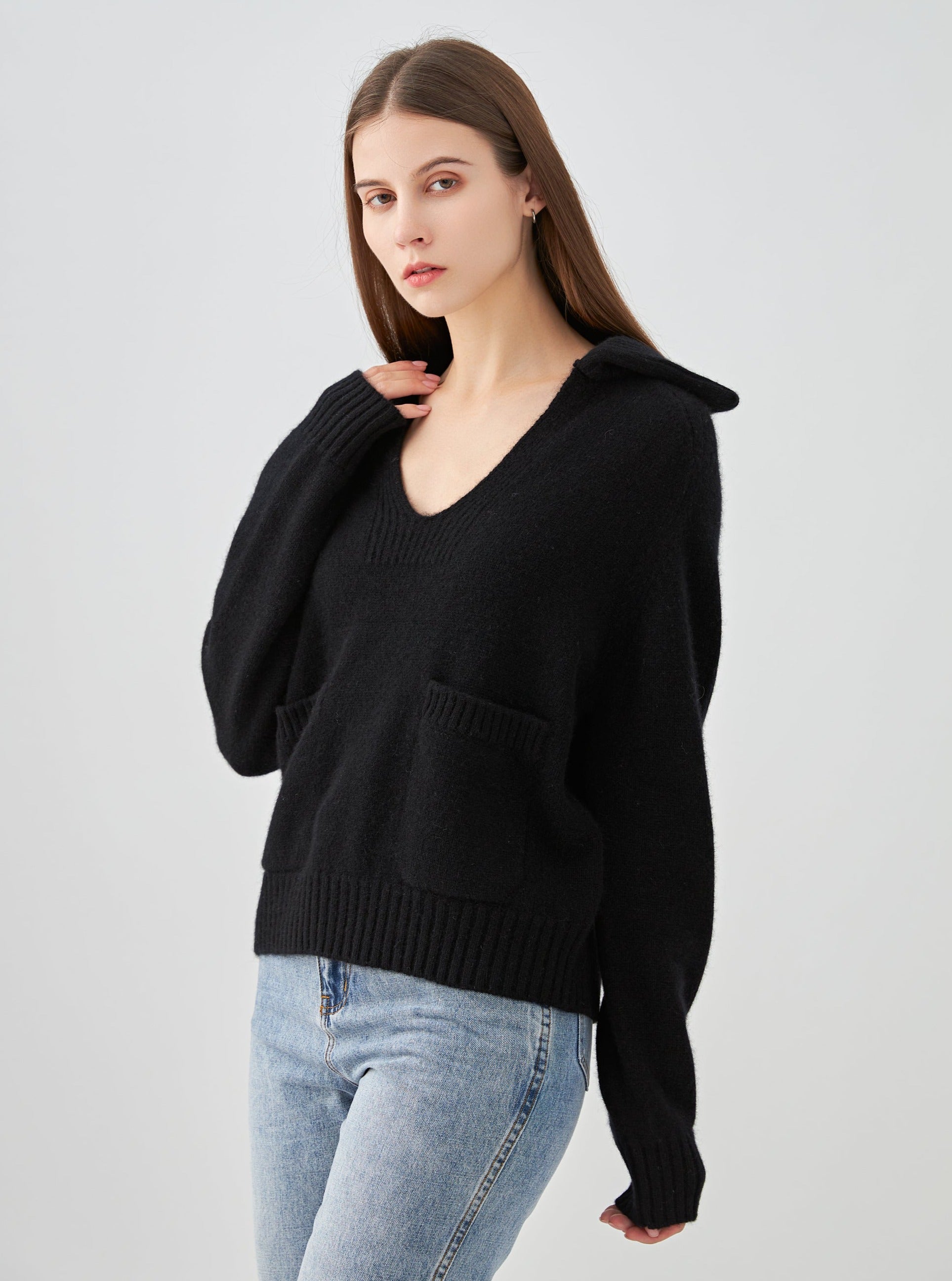 Pull polo col V à poches en cachemire 4 fils