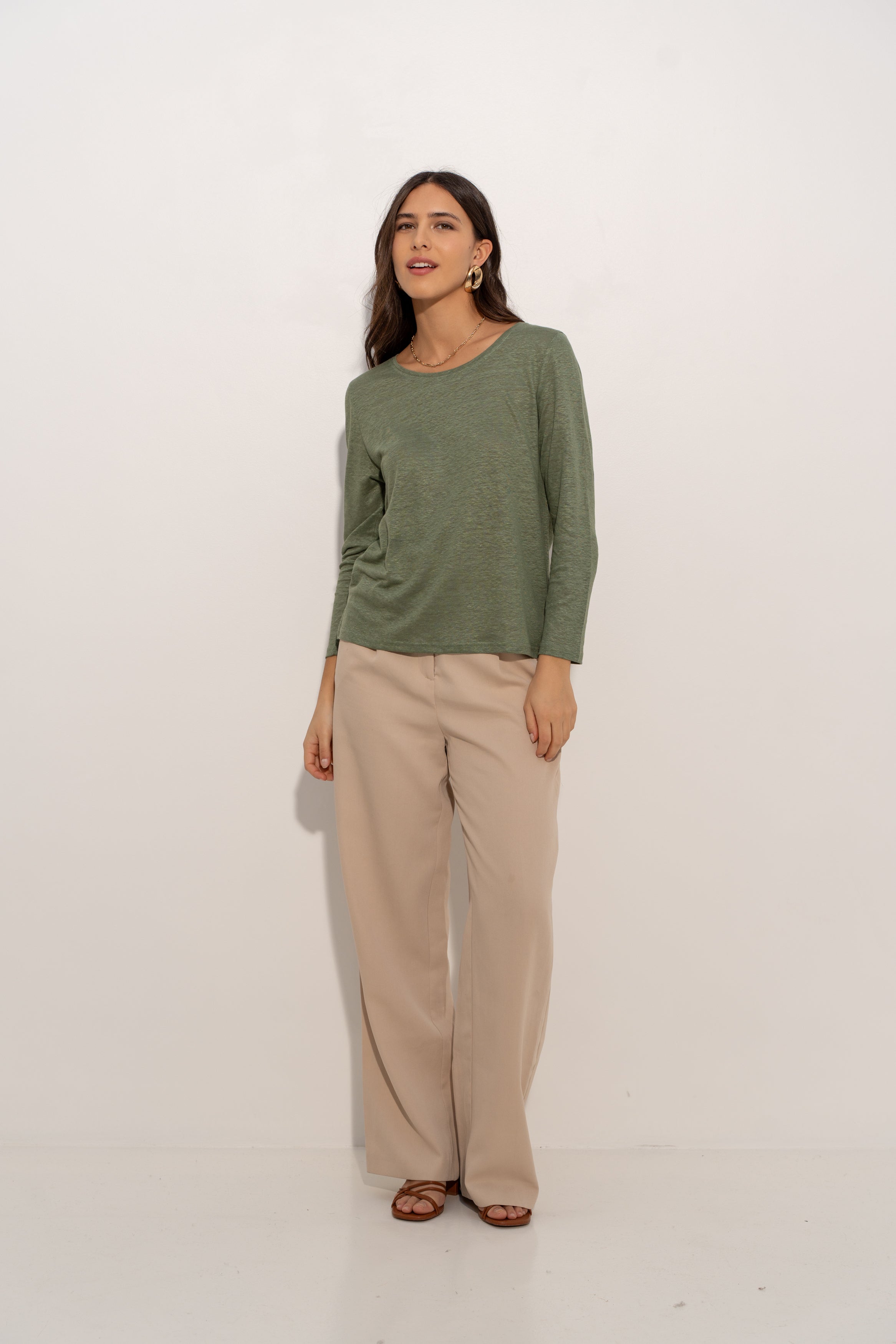 T-shirt col rond en lin manches longues