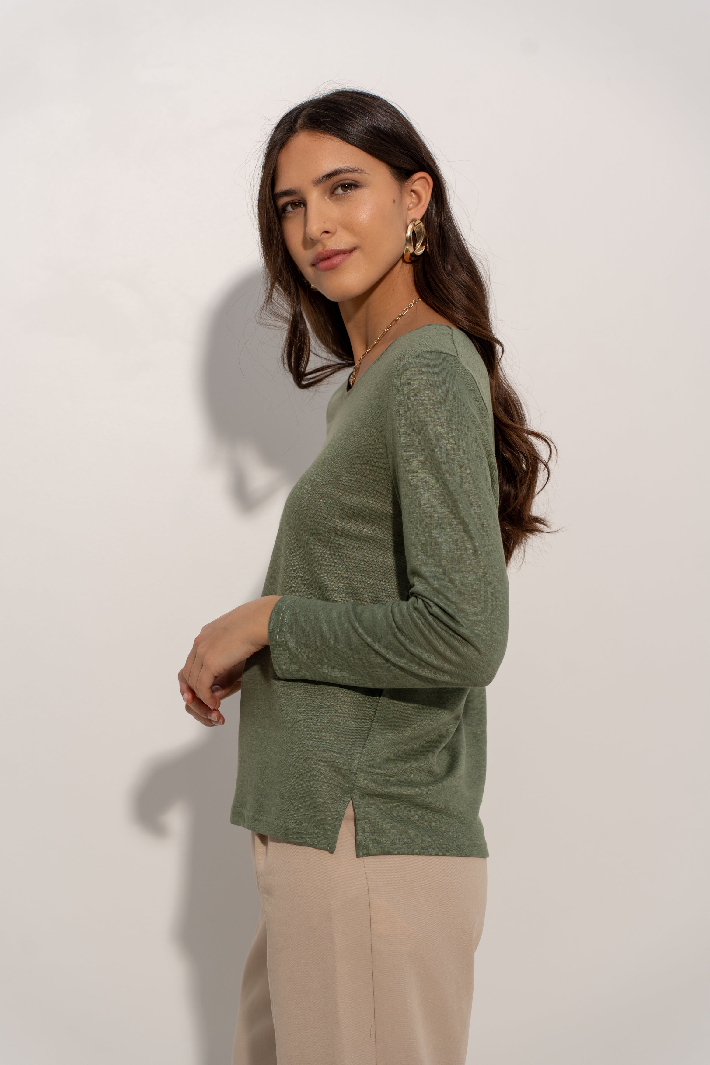 T-shirt col rond en lin manches longues
