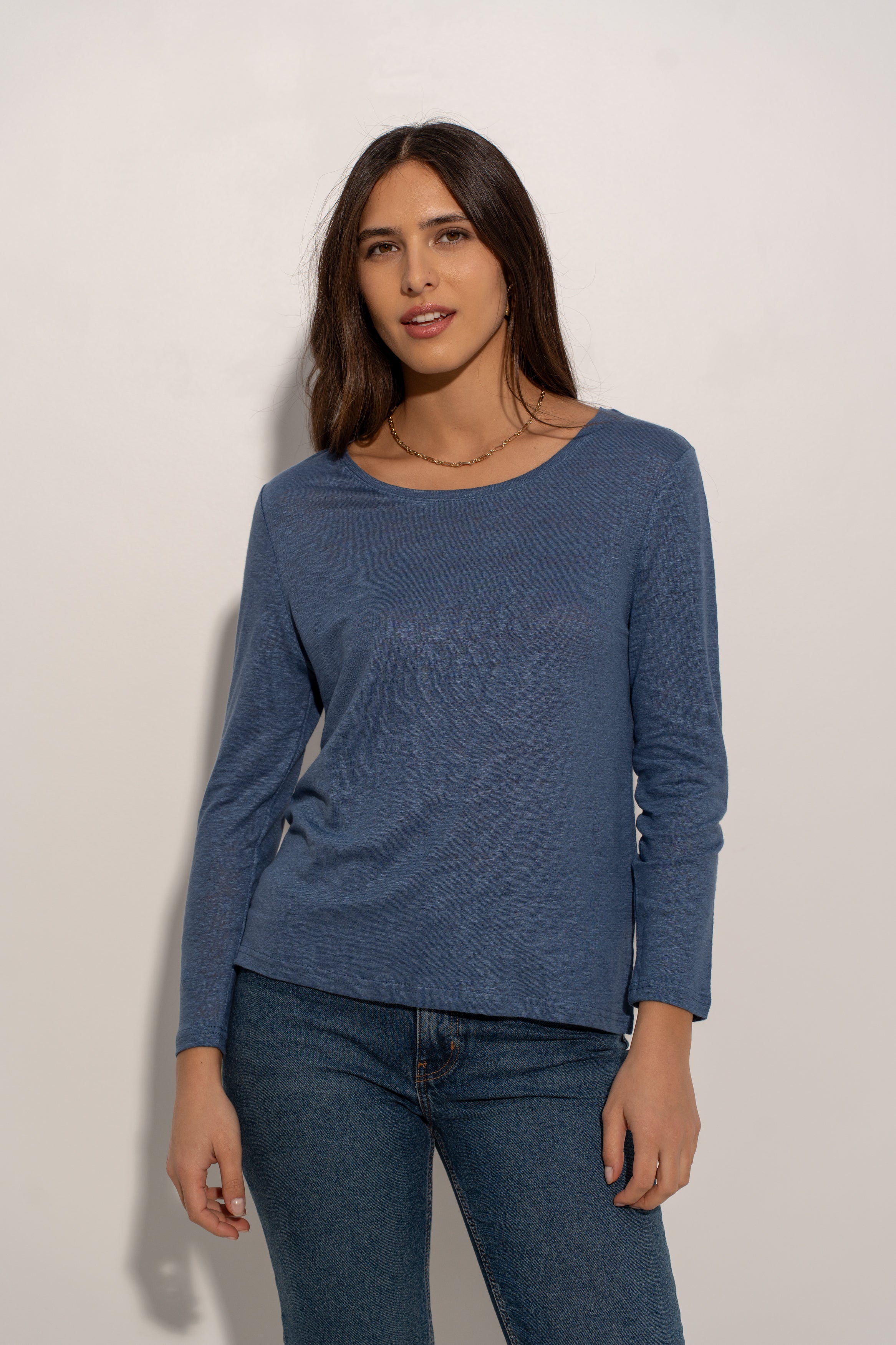T-shirt col rond en lin manches longues