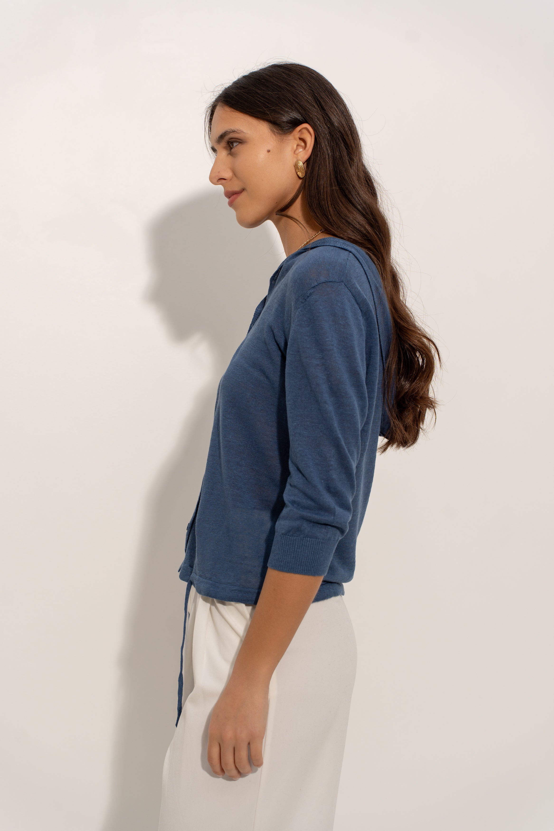 Gilet avec capuche en lin tricoté