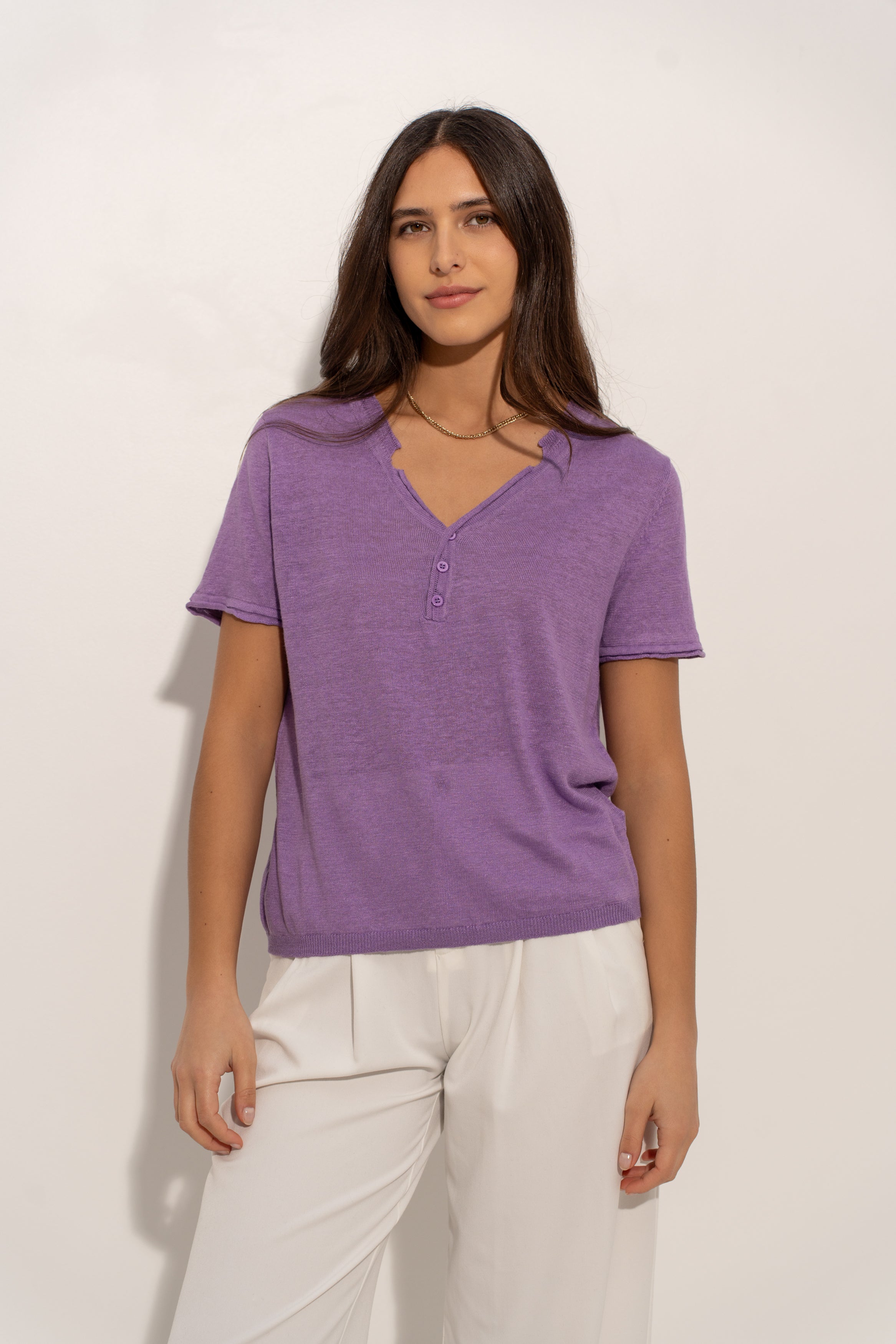 T-shirt col tunisien en lin tricoté