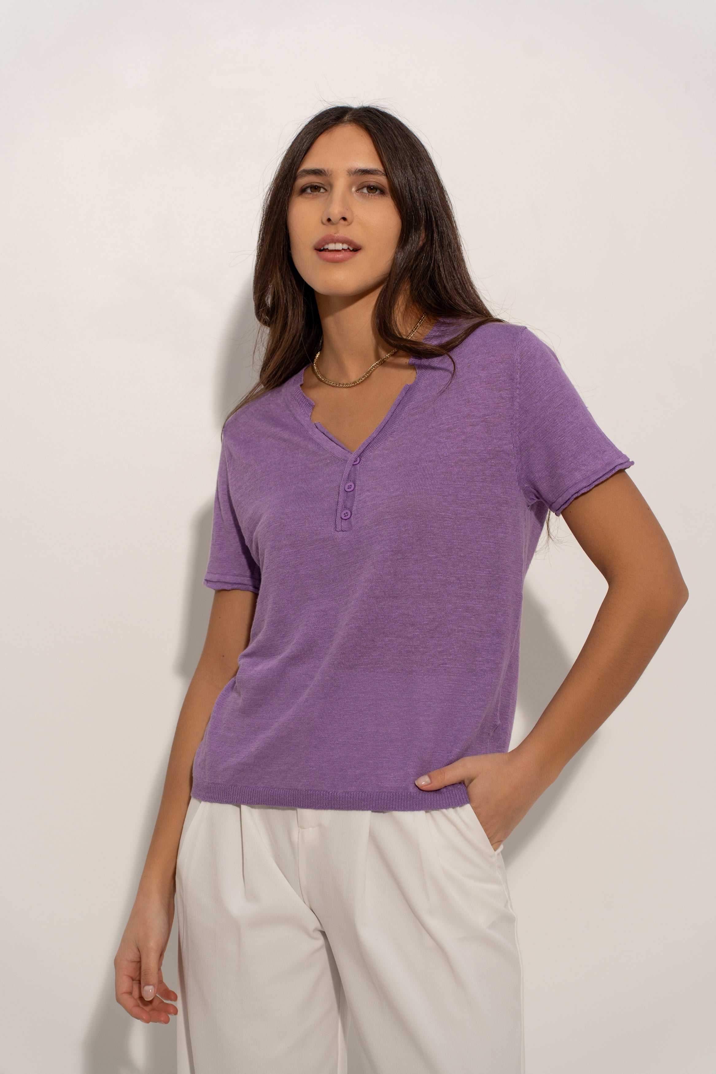 T-shirt col tunisien en lin tricoté