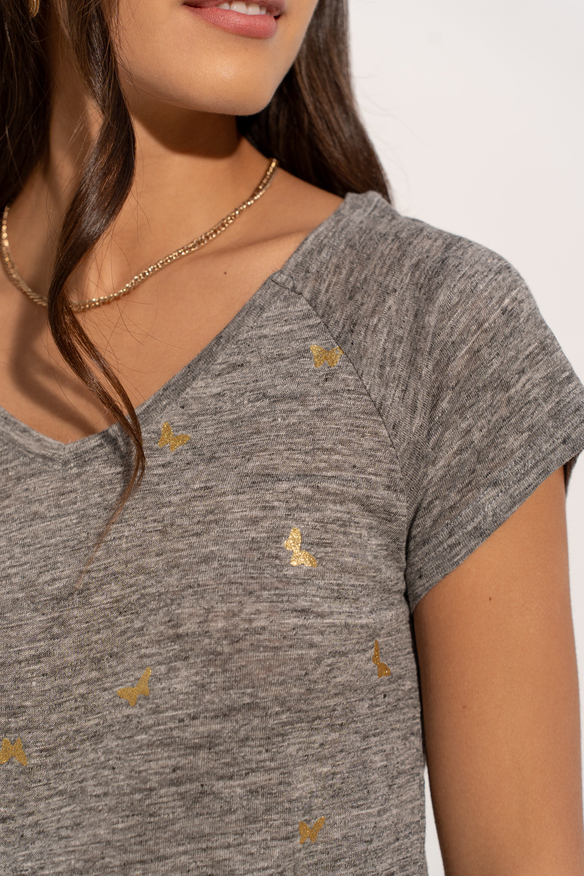 T-shirt V lin impression papillons