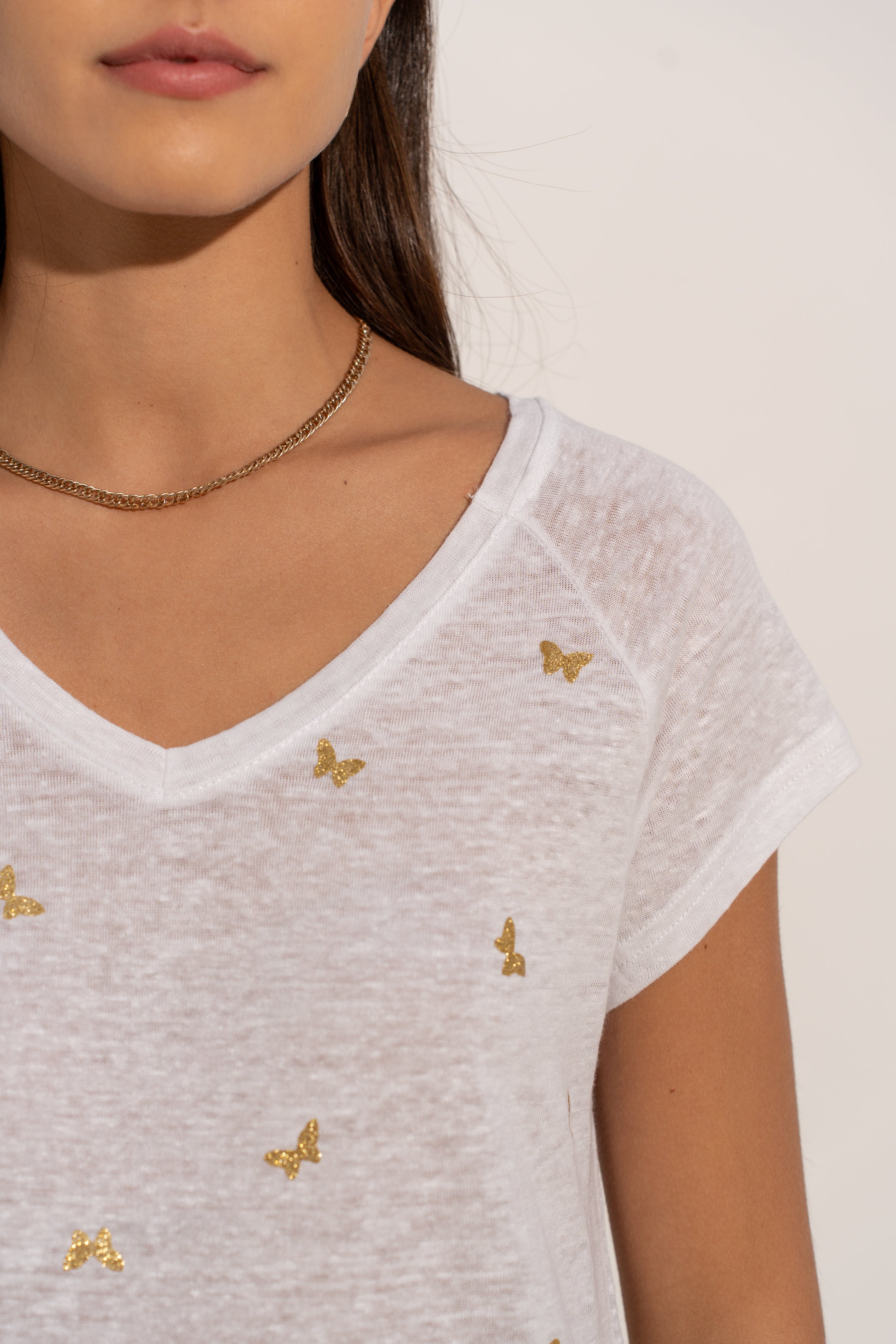 T-shirt V lin impression papillons