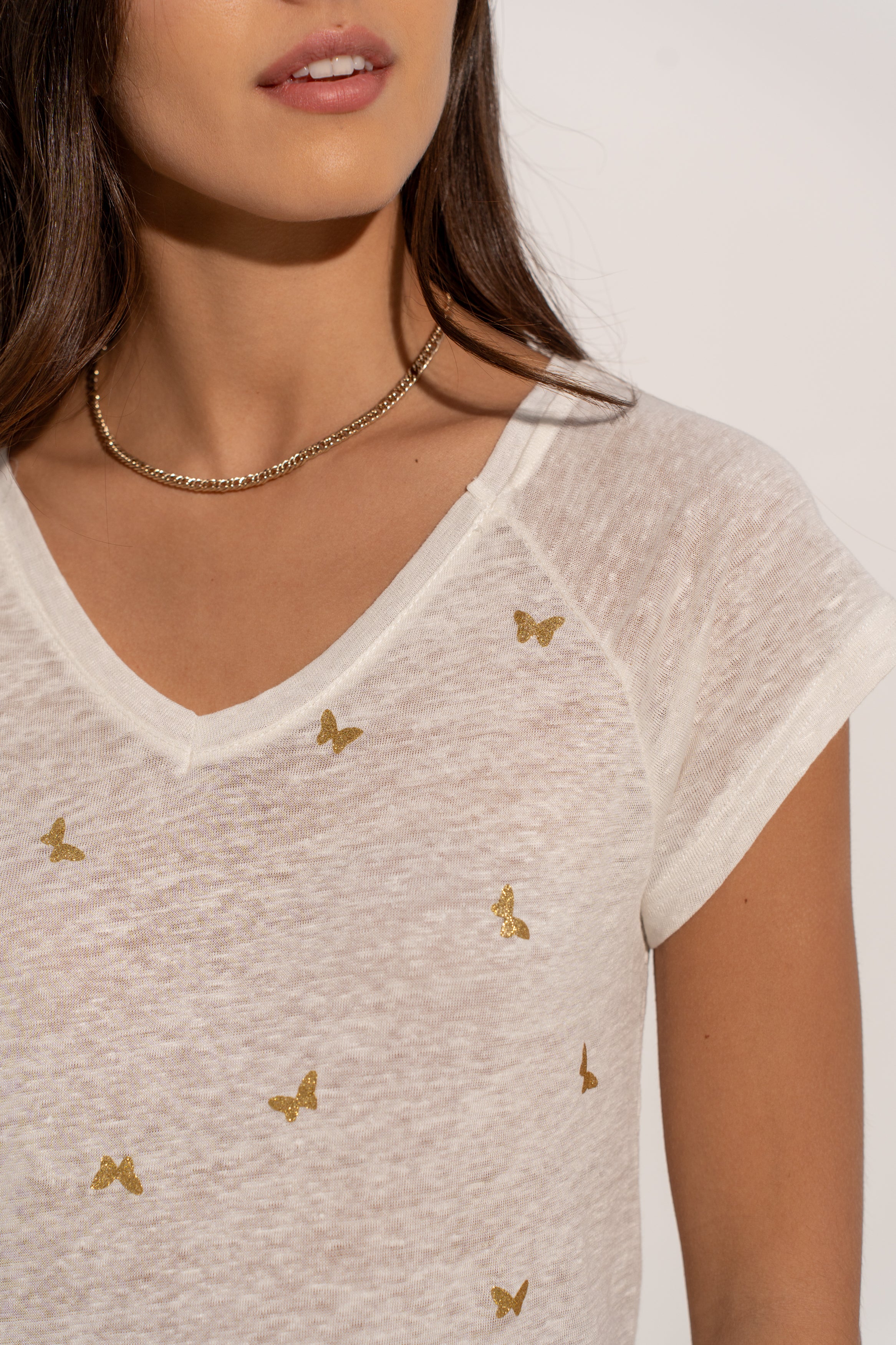 T-shirt V lin impression papillons