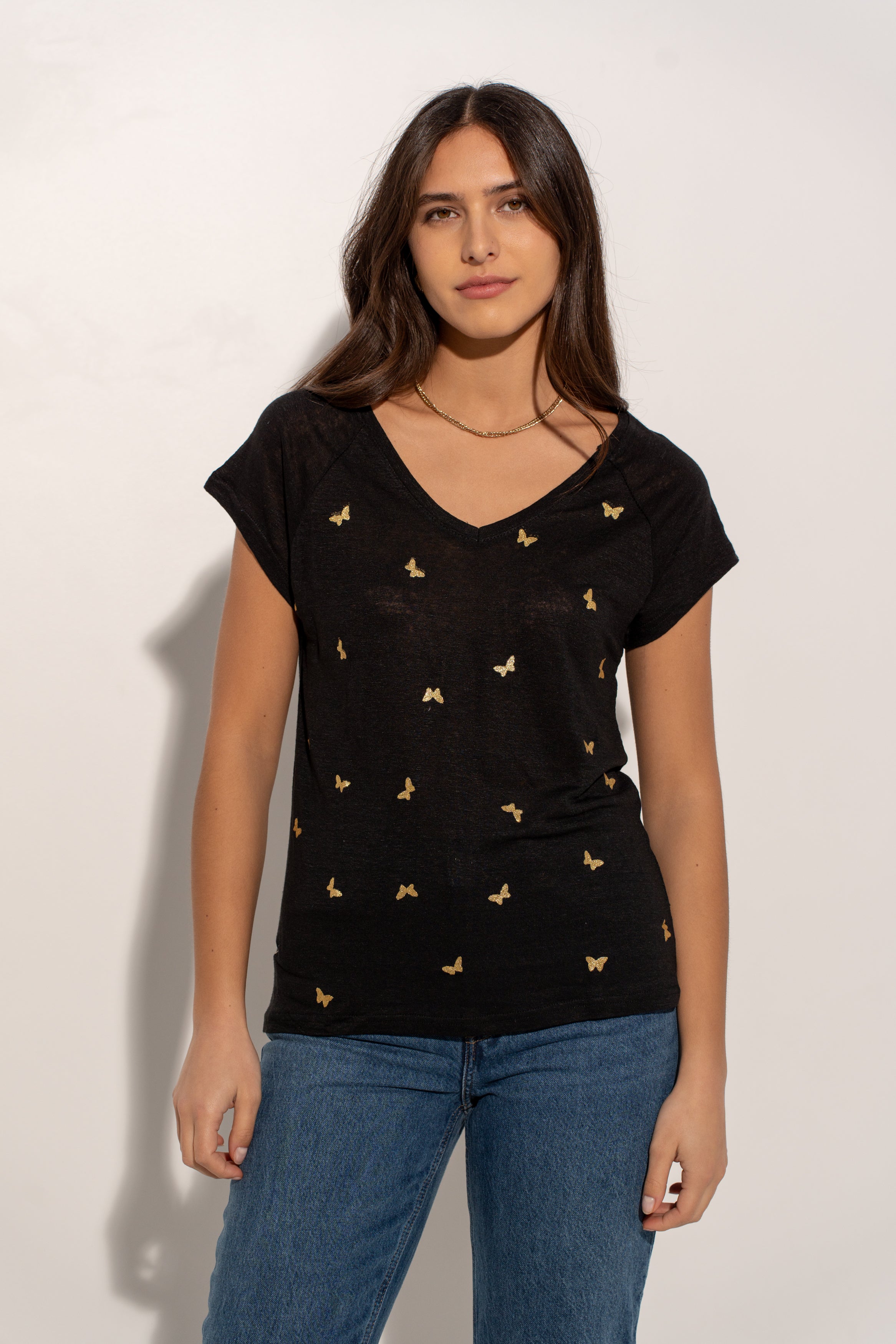 T-shirt V lin impression papillons