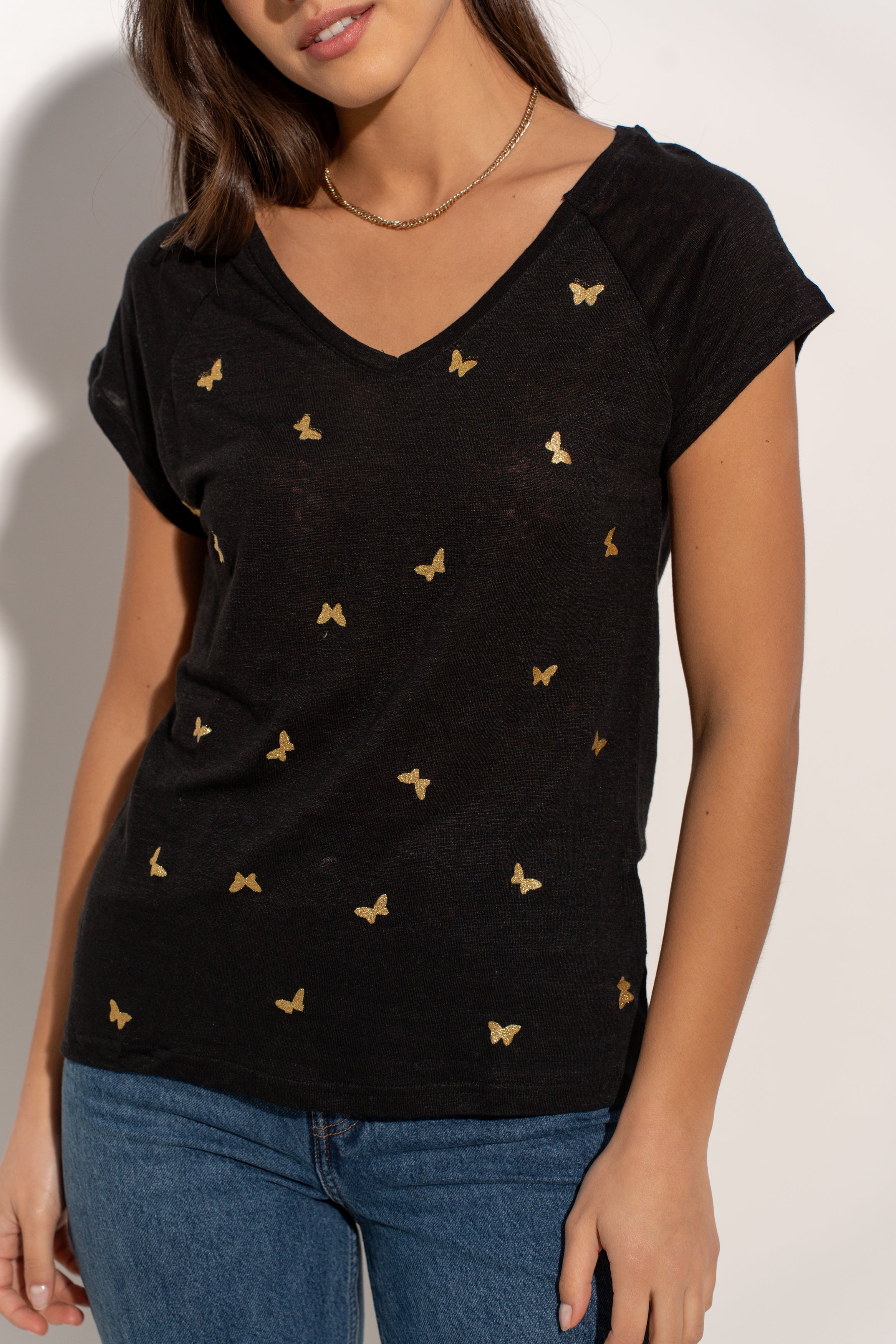 T-shirt V lin impression papillons