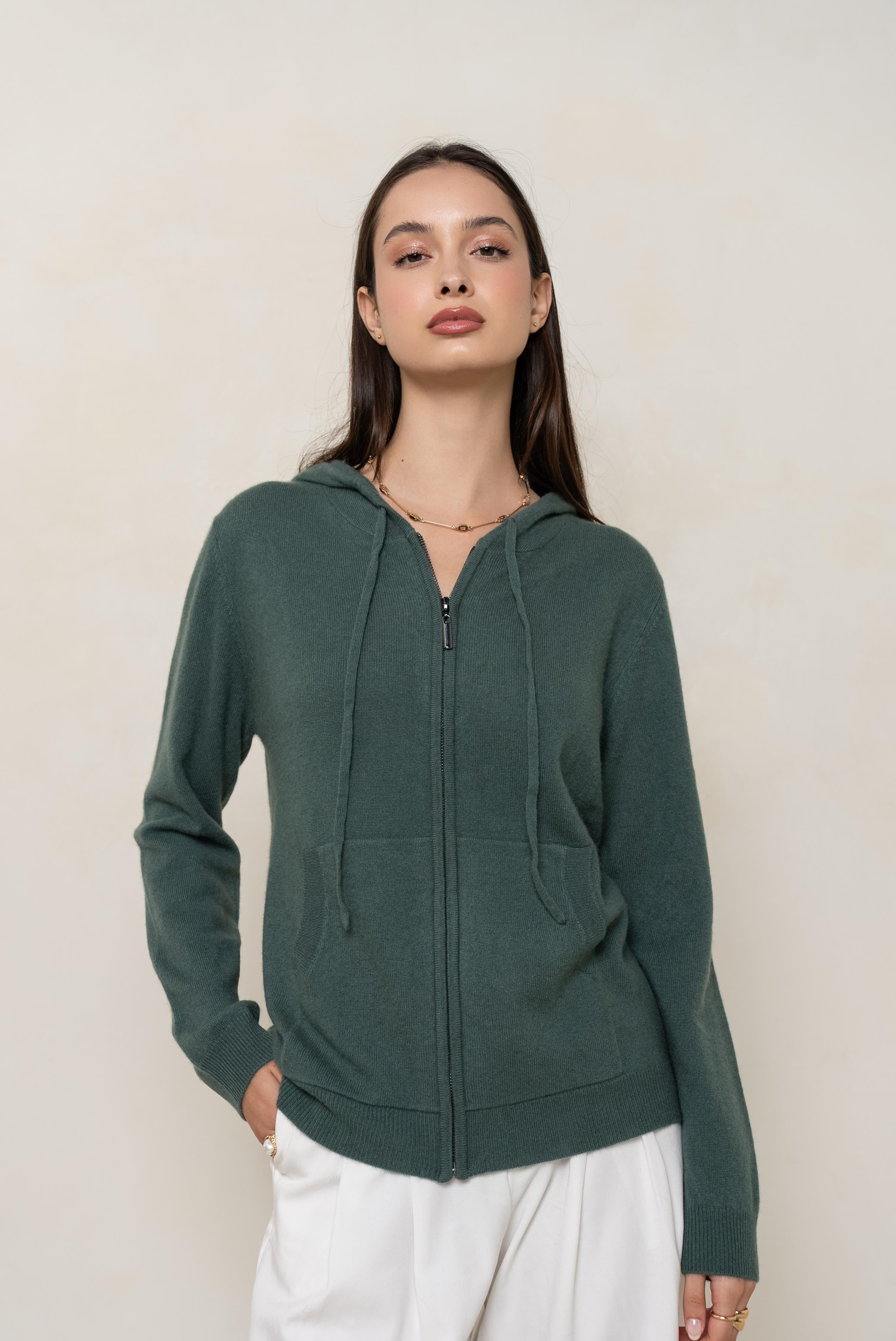 Gilet zippé à capuche en cachemire