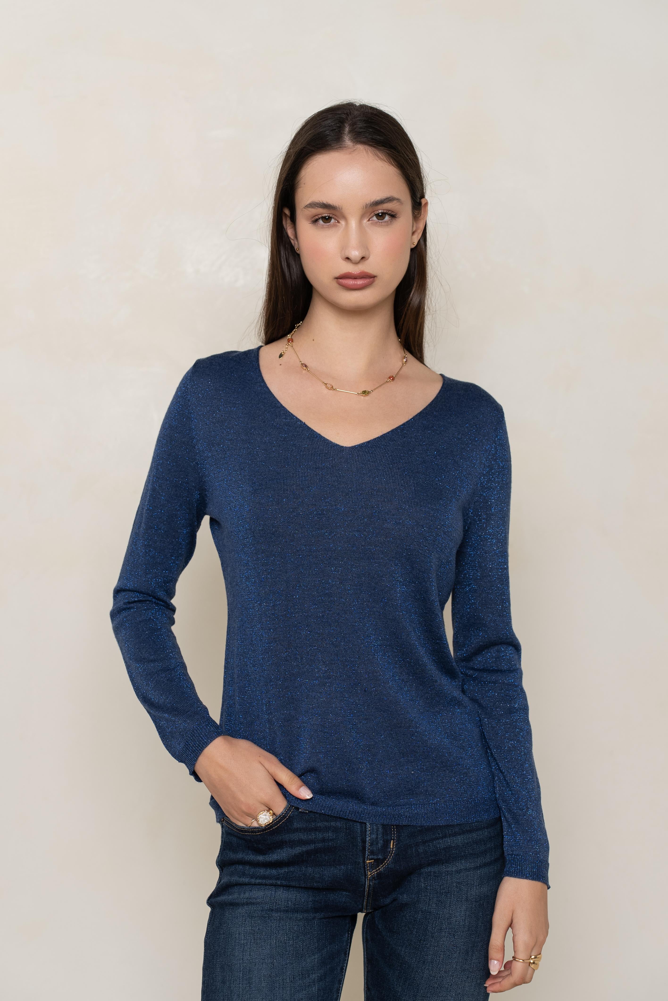 Pull col v lurex manches longues