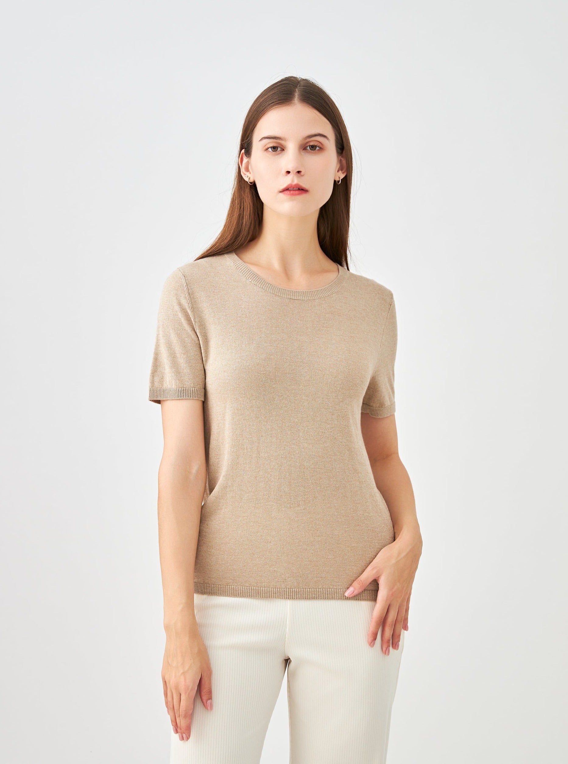 Pull col rond manches courtes en soie et cachemire