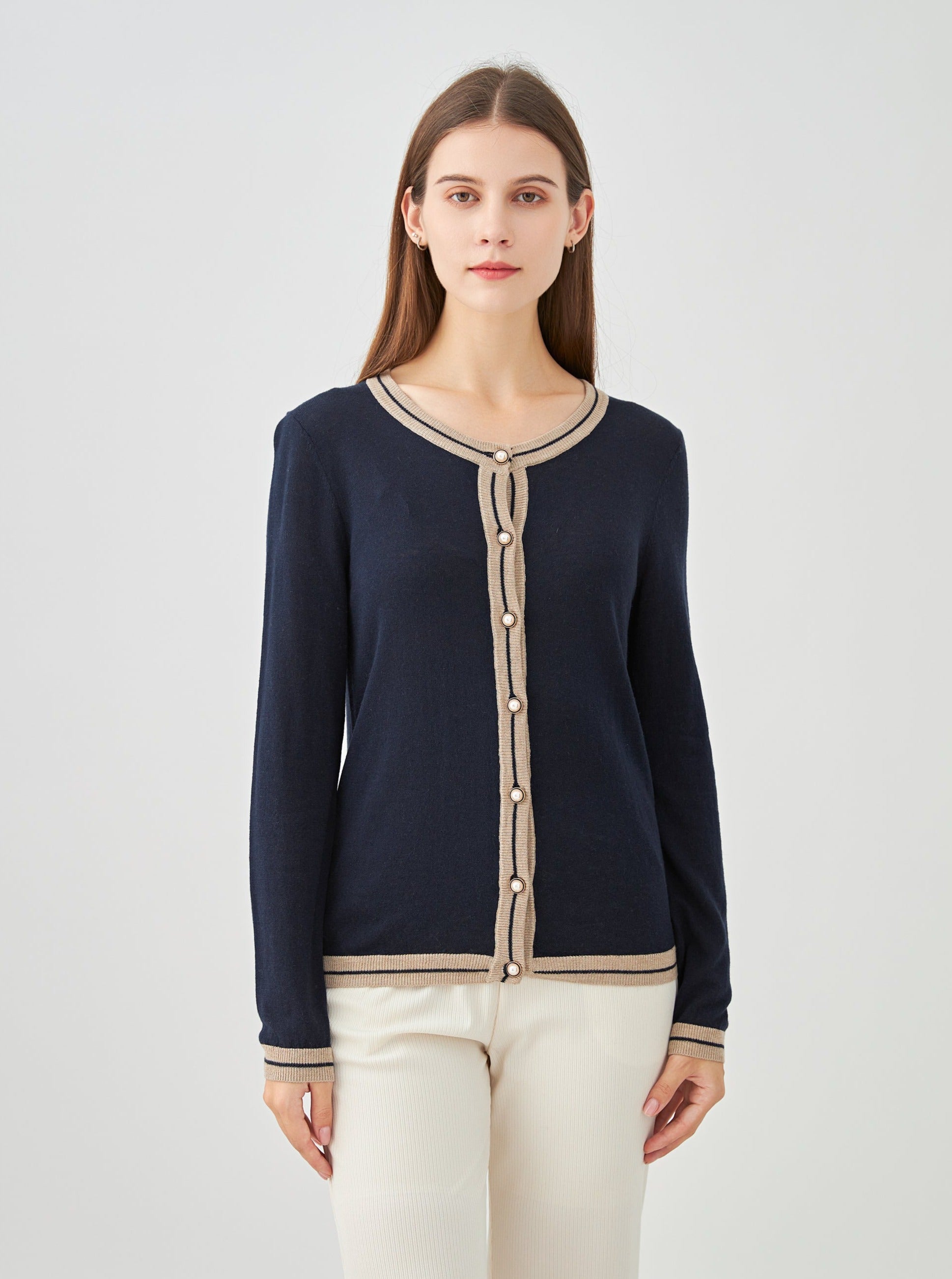 Cardigan bicolore boutons perles en soie et cachemire
