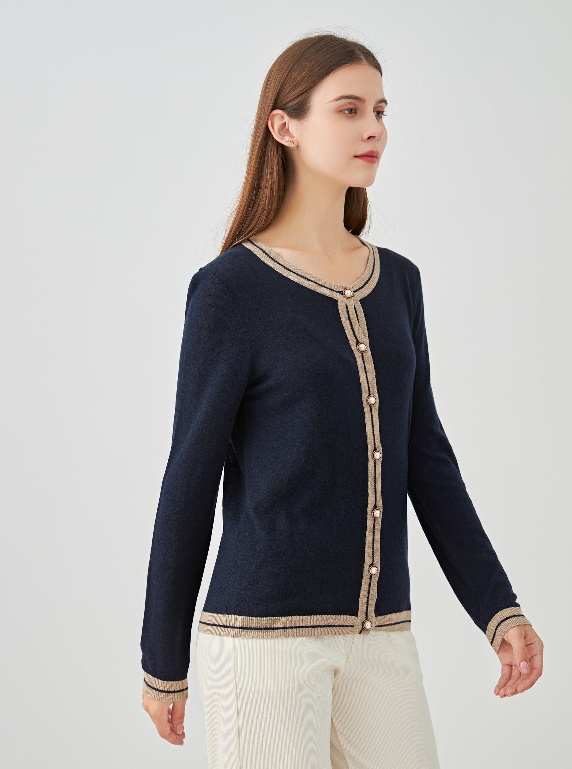 Cardigan bicolore boutons perles en soie et cachemire