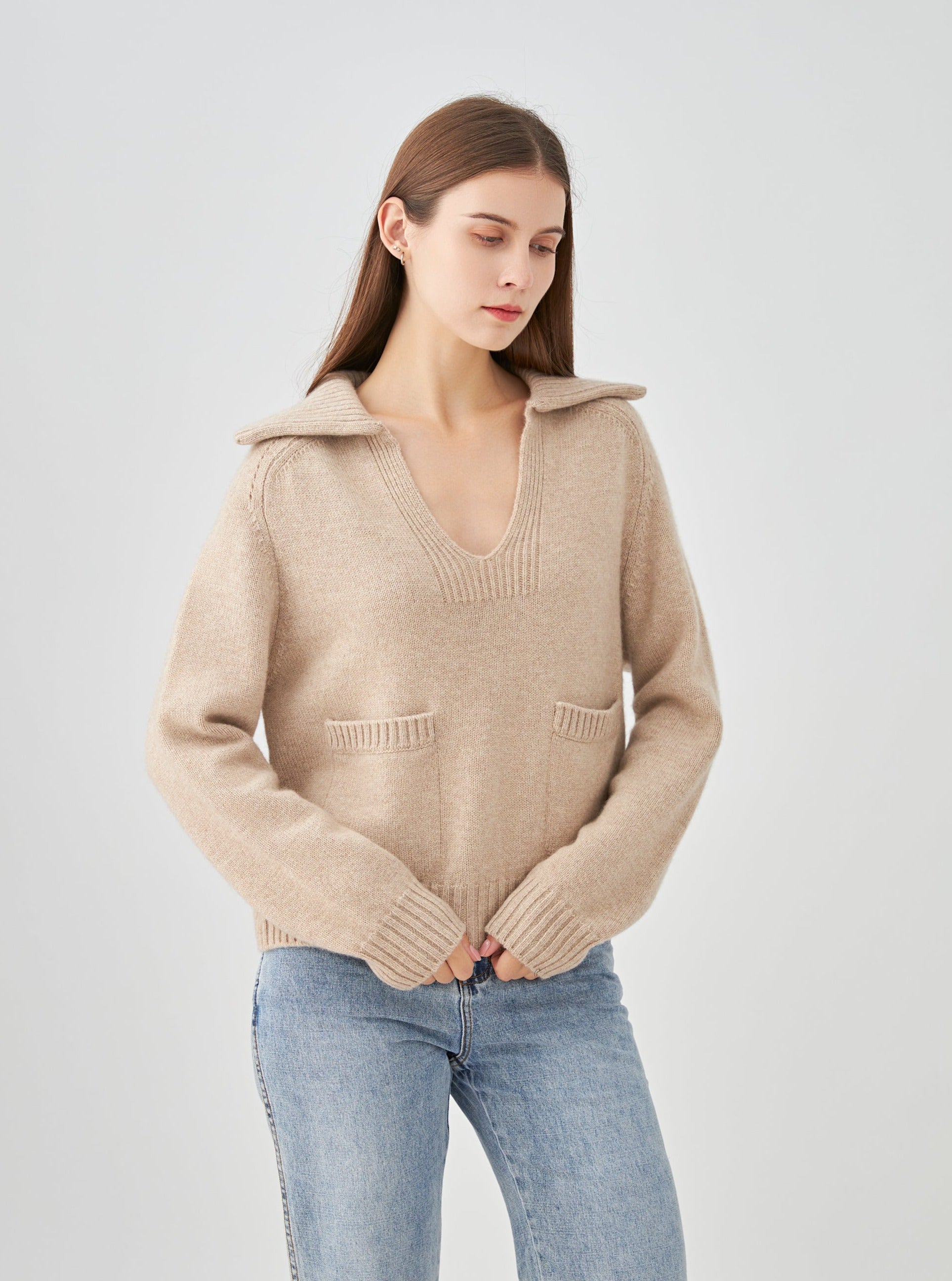 Pull polo col V à poches en cachemire 4 fils