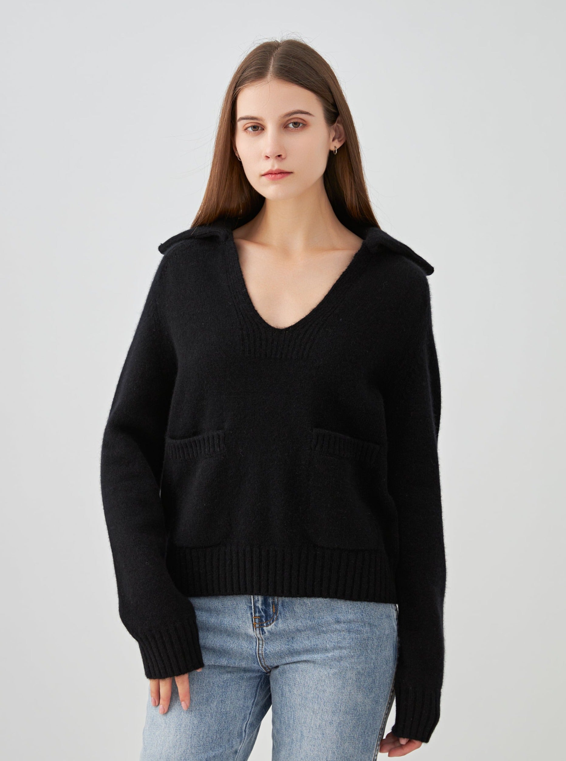 Pull polo col V à poches en cachemire 4 fils