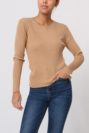 Pull col rond côtelé en soie