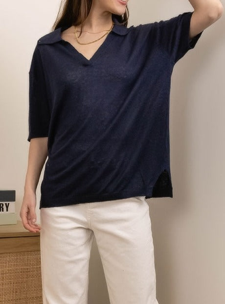T-shirt polo oversize en lin tricoté